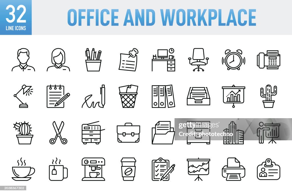Business Office Concepts and Workplace - Thin line vector icon set. Pixel perfect. For Mobile and Web. The set contains icons: Office, Desk, Place of Work, Adhesive Note, Portfolio, Briefcase, Business, Personal Organizer, Secretary, Assistance, Time