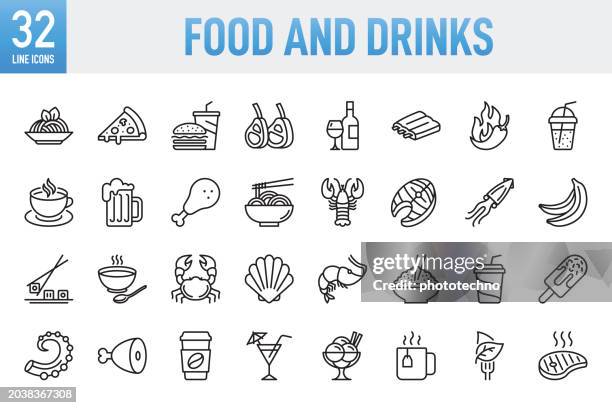 essen und trinken - dünner linien-vektor-symbolsatz. pixelgenau. für mobilgeräte und web. das set enthält symbole: essen, restaurant, essen und trinken, trinken, kaffee - trinken, kaffeetasse, frühstück, wein, weinflasche, weinglas, alkohol - trinken - nudeln stock-grafiken, -clipart, -cartoons und -symbole