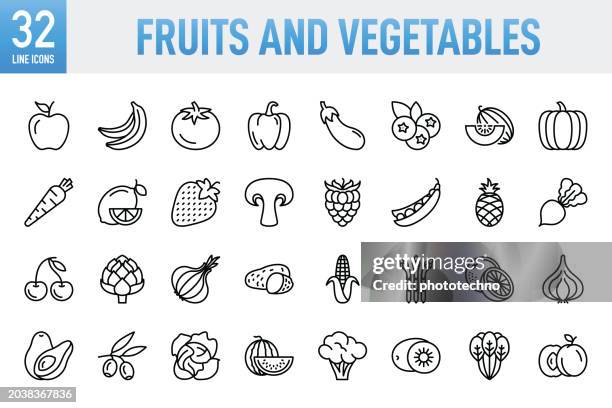 fruits and vegetables - thin line vector icon set. pixel perfect. for mobile and web. the set contains icons: fruit, vegetable, carrot, food, tomato, banana, apple - fruit, orange - fruit, watermelon, melon, onion, broccoli, raw potato, strawberry, lemon - asparagus stock illustrations