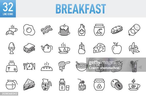ilustraciones, imágenes clip art, dibujos animados e iconos de stock de desayuno: conjunto de iconos vectoriales de línea fina. píxel perfecto. para móvil y web. el conjunto contiene iconos: desayuno, tocino, huevo, huevo frito, huevo duro, pan, café - bebida, taza de café, taza, cereal para el desayuno, leche, té - bebi - cuenco