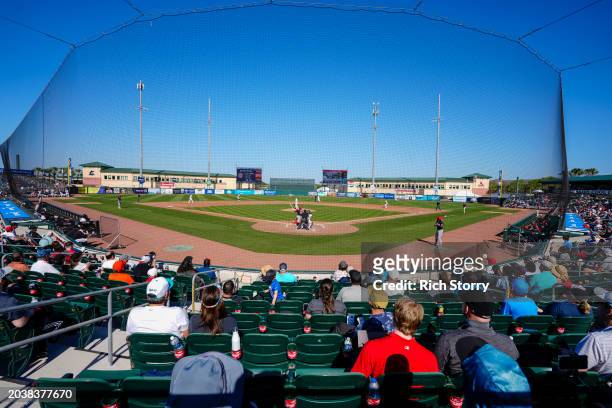 Fans watch a spring training game between the Miami Marlins and the Washington Nationals at Roger Dean Stadium on February 25, 2024 in Jupiter,...