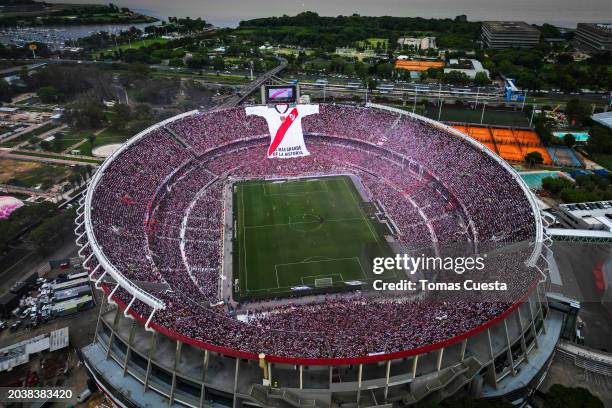 Aerial view of the stadium during a Copa de la Liga Profesional 2024 derby match between River Plate and Boca Juniors at Estadio Más Monumental...