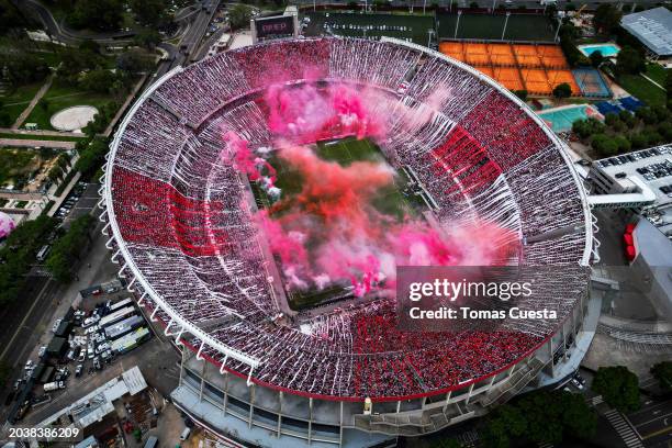 Aerial view of the stadium prior to a Copa de la Liga Profesional 2024 derby match between River Plate and Boca Juniors at Estadio Más Monumental...