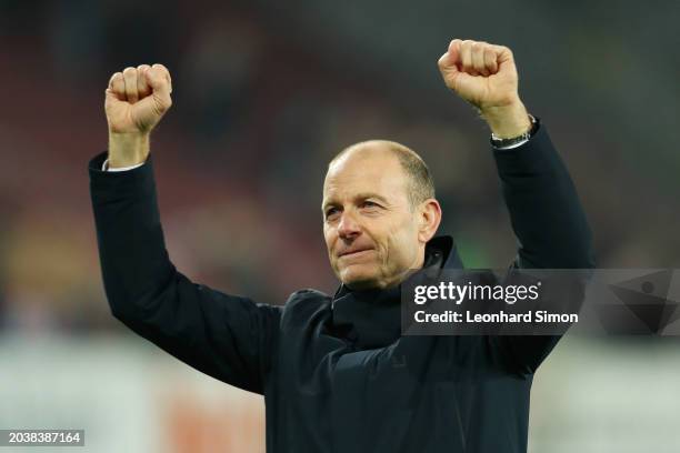 Jess Thorup, Manager of FC Augsburg, celebrates after the team's victory in the Bundesliga match between FC Augsburg and Sport-Club Freiburg at...