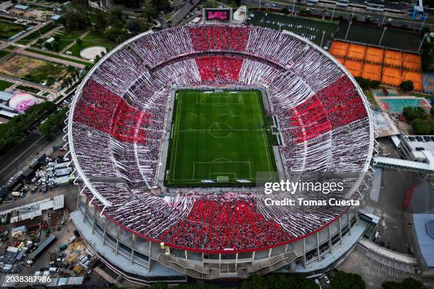 Aerial view of the stadium prior to a Copa de la Liga Profesional 2024 derby match between River Plate and Boca Juniors at Estadio Más Monumental...