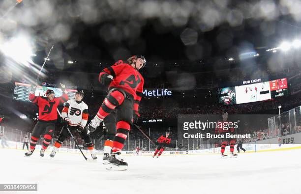 Tyler Toffoli of the New Jersey Devils celebrates his goal against the Philadelphia Flyers during the 2004 Navy Federal Credit Union Stadium Series...