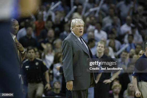 Head coach Don Nelson of the Dallas Mavericks looks back in the direction of referee Joe Crawford after his is ejected in the first half of Game two...