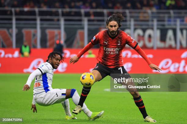 Yacine Adli of AC Milan competes for the ball during the Serie A TIM match between AC Milan and Atalanta BC at Stadio Giuseppe Meazza on February 25,...