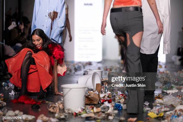 Models walk finale of the runway at the Avavav fashion show during the Milan Fashion Week Womenswear Fall/Winter 2024-2025 on February 25, 2024 in...