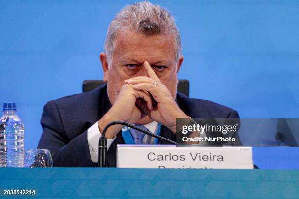 Carlos Vieira, the president of Caixa Economica Federal, is presenting the results of the fourth quarter of 2023 during a press conference in Sao...