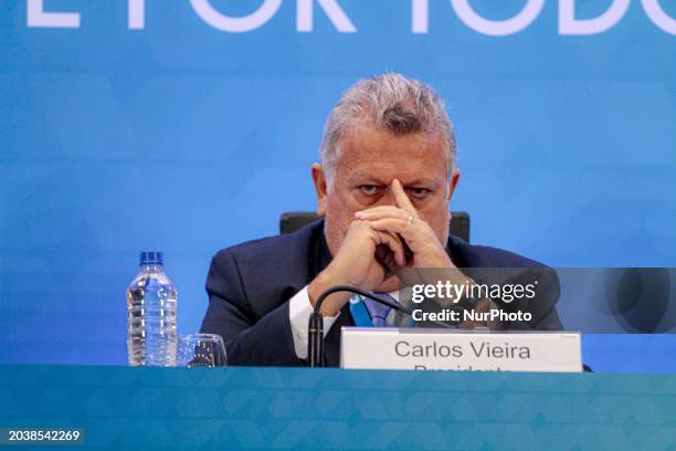 Carlos Vieira, the president of Caixa Economica Federal, is presenting the results of the fourth quarter of 2023 during a press conference in Sao...