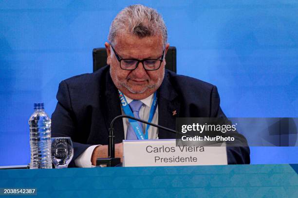 Carlos Vieira, the president of Caixa Economica Federal, is presenting the results of the fourth quarter of 2023 during a press conference in Sao...