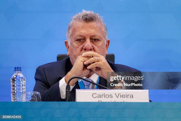 Carlos Vieira, the president of Caixa Economica Federal, is presenting the results of the fourth quarter of 2023 during a press conference in Sao...