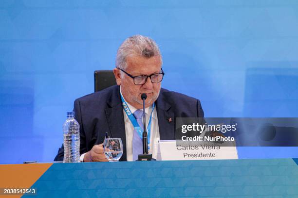 Carlos Vieira, the president of Caixa Economica Federal, is presenting the results of the fourth quarter of 2023 during a press conference in Sao...