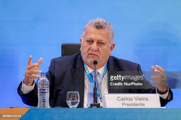Carlos Vieira, the president of Caixa Economica Federal, is presenting the results of the fourth quarter of 2023 during a press conference in Sao...