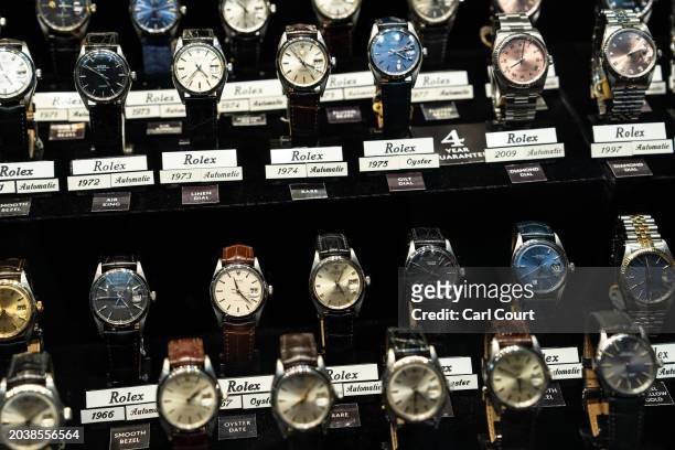 Rolex watches are displayed in a shop window on February 28, 2024 in London, United Kingdom.