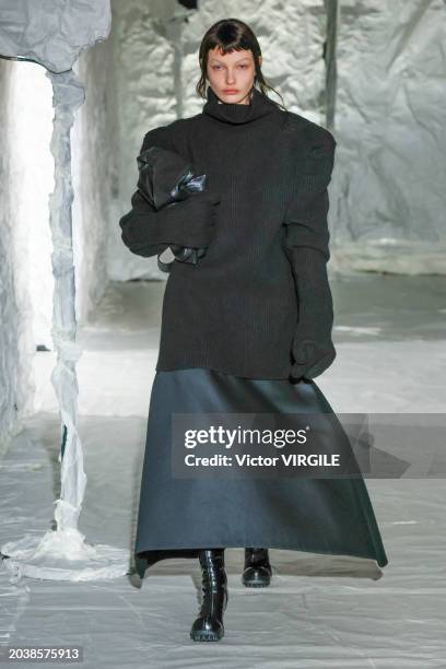 Model walks the runway during the Marni Ready to Wear Fall/Winter 2024-2025 fashion show as part of the Milan Fashion Week on February 23, 2024 in...