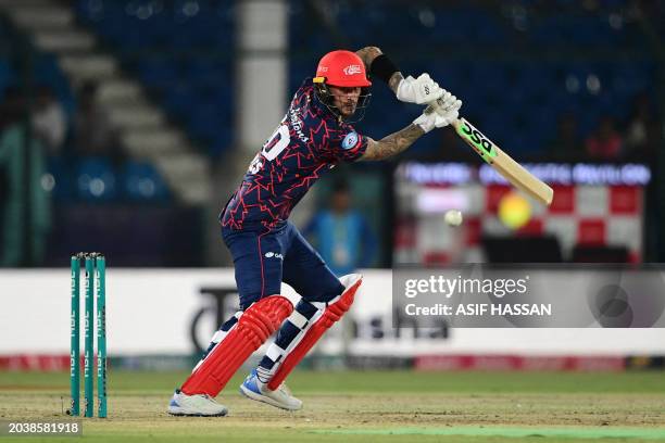 Islamabad United's Alex Hales plays a shot during the Pakistan Super League Twenty20 cricket match between Karachi Kings and Islamabad United at the...