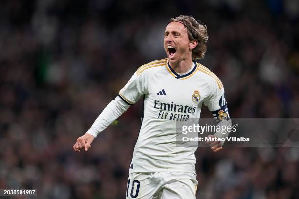 Luka Modric of Real Madrid celebrates after scoring his team's first goal during the LaLiga EA Sports match between Real Madrid CF and Sevilla FC at...