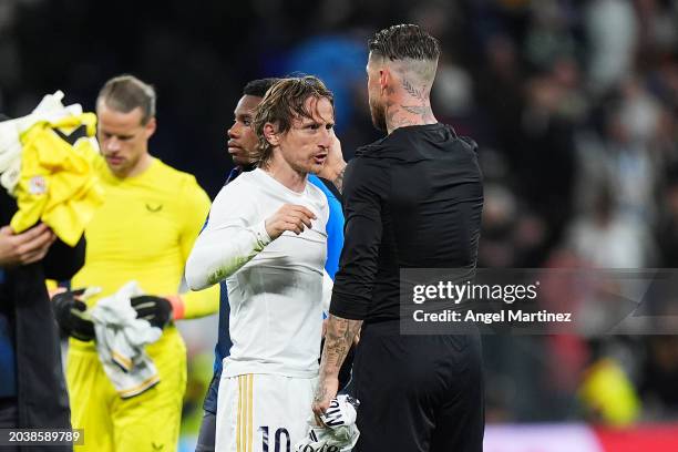 Luka Modric of Real Madrid interacts with Sergio Ramos of Sevilla FC after the LaLiga EA Sports match between Real Madrid CF and Sevilla FC at...