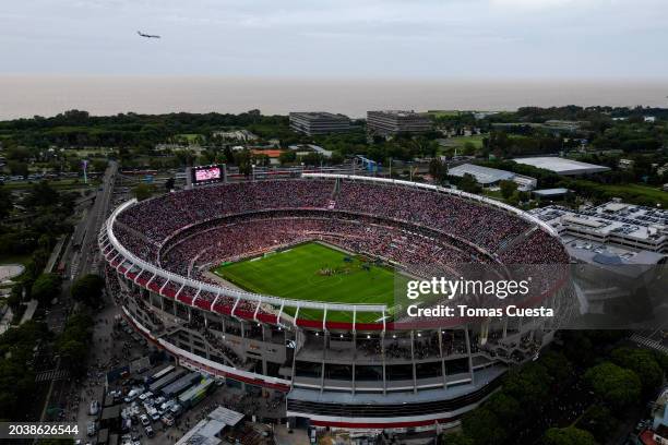 Aerial view of the stadium as a plane flies over during a Copa de la Liga Profesional 2024 derby match between River Plate and Boca Juniors at...