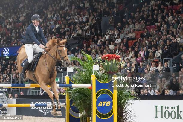 French rider Roger Yves Bost on Ballerine du Vilpion competes in the Gothenburg Horse Show 2024 at Scandinavium Arena on February 25, 2024 in...