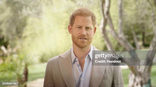 In this Sport Gives Back Awards/ITV handout Prince Harry, Duke of Sussex appears at the Sport Gives Back Awards 2024 via a pre-recorded video at...