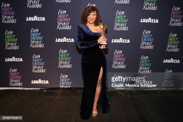 Kaouther Ben Hania winner of Best Documentary for 'Four Daughters' poses in the press room during the 2024 Film Independent Spirit Awards on February...