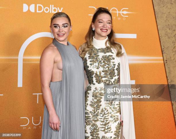 Florence Pugh and Léa Seydoux attend the "Dune: Part Two" premiere at Lincoln Center on February 25, 2024 in New York City.