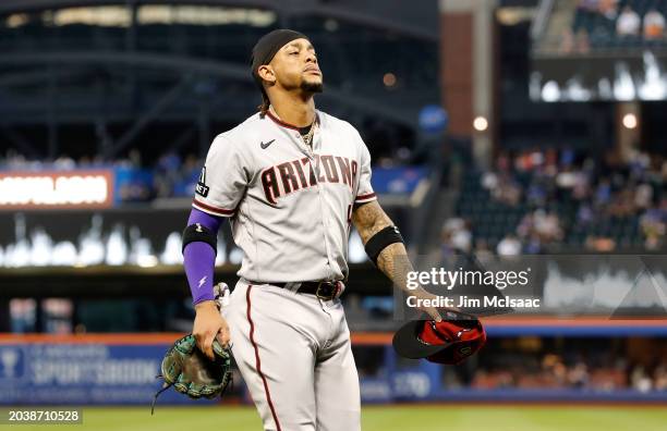 Ketel Marte of the Arizona Diamondbacks in action against the New York Mets at Citi Field on September 12, 2023 in New York City. The Mets defeated...