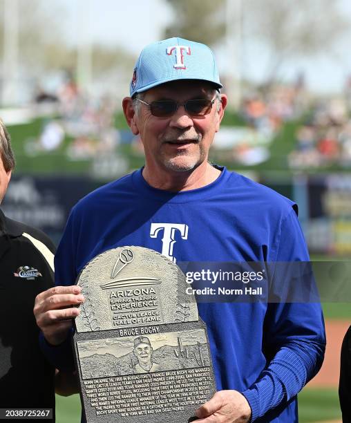 Manager Bruce Bochy of the Texas Rangers was inducted into the Cactus League Hall of Fame prior to a spring training game against the San Francisco...