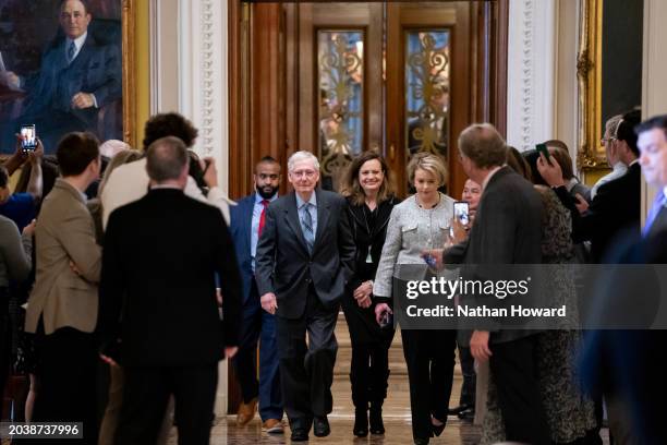 Senate Minority Leader Mitch McConnell departs the Senate chamber on February 28, 2024 in Washington, DC. McConnell announced Wednesday that he would...