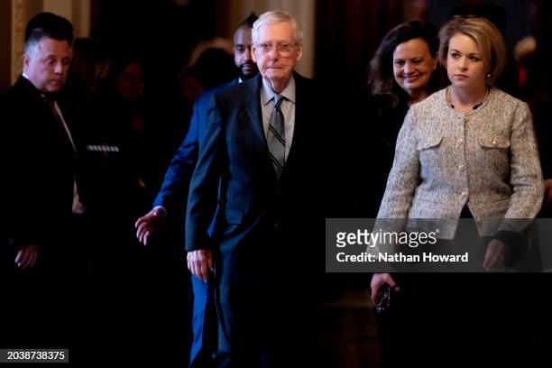 Senate Minority Leader Mitch McConnell departs the Senate chamber on February 28, 2024 in Washington, DC. McConnell announced Wednesday that he would...