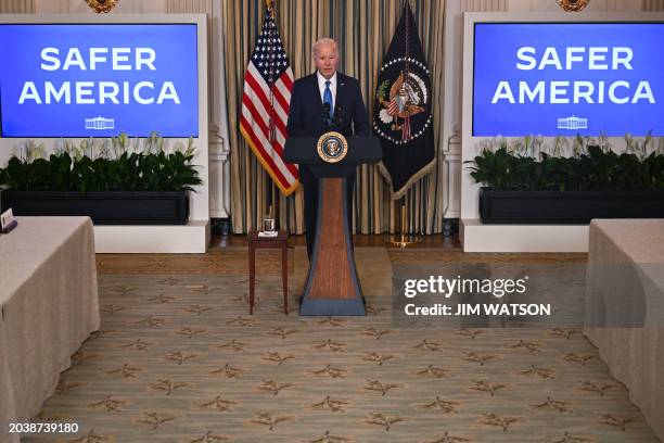 President Joe Biden speaks about his administration's efforts to fight crime and make communities safer, in the State Dining Room of the White House...