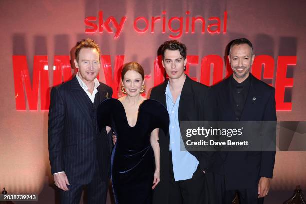 Tony Curran, Julianne Moore, Nicholas Galitzine and Oliver Hermanus attend the UK Premiere of "Mary & George" at Banqueting House on February 28,...