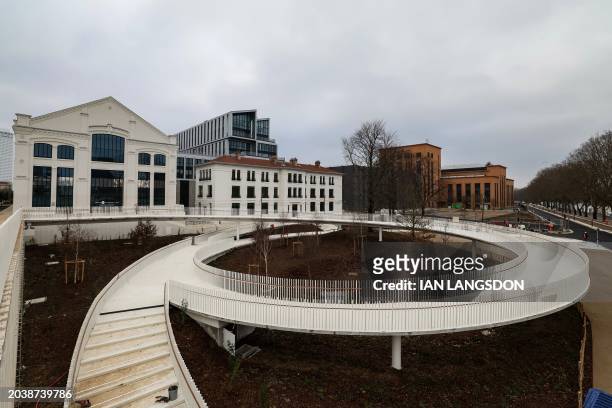 This photograph taken on February 27, 2024 shows a view of a spiral ramp in front of the "Corpernic" building housing a cafe, post office and tourism...
