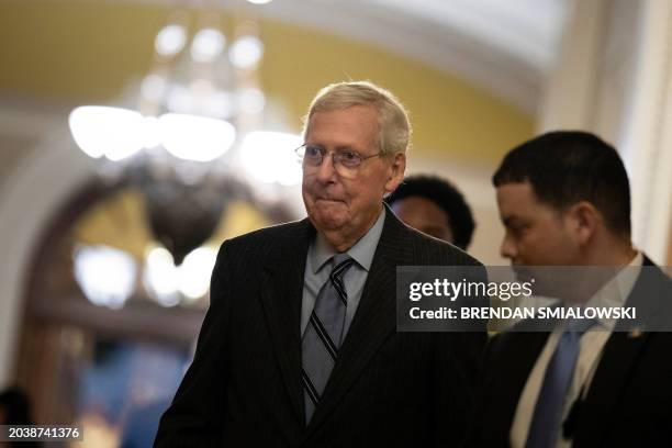 Senate Minority Leader Senator Mitch McConnell, Republican of Kentucky, walks to his office at the US Capitol February 28 in Washington, DC....