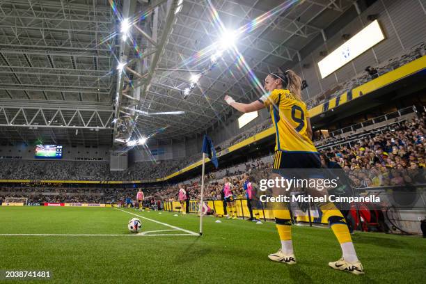 Kosovare Asllani of Sweden prepares to take a corner kick during the UEFA Women's Nations League Promotion & Relegation Second Leg Match between...