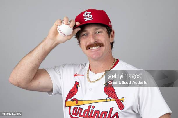 Miles Mikolas of the St. Louis Cardinals poses for a photo during the St. Louis Cardinals Photo Day at Roger Dean Chevrolet Stadium on Wednesday,...