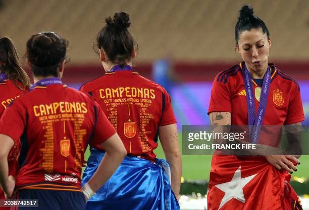 Spain's midfielder Jennifer Hermoso poses with her medal during the podium ceremony after the UEFA Women's Nations League final football match...