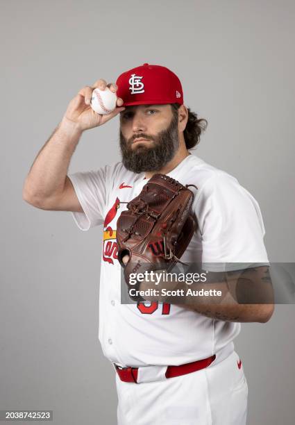 Lance Lynn of the St. Louis Cardinals poses for a photo during the St. Louis Cardinals Photo Day at Roger Dean Chevrolet Stadium on Wednesday,...