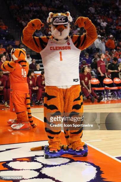 Clemson mascot 'The Tiger' during a college basketball game between the Florida State Seminoles and the Clemson Tigers on February 24, 2024 at...