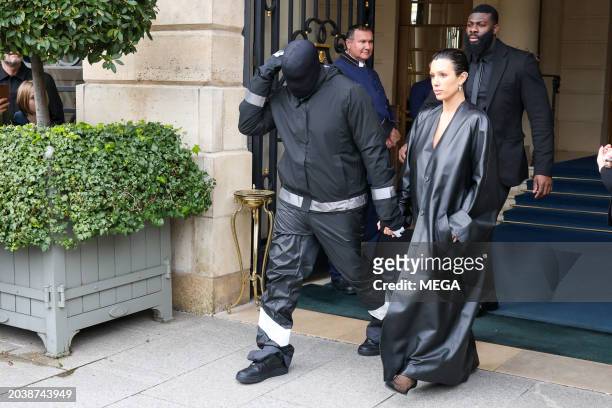 Kanye West and Bianca Censori are seen leaving their hotel on February 28, 2024 in Paris, France.