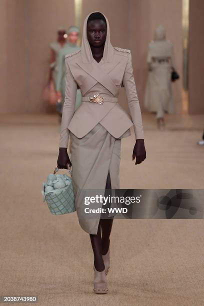 Model on the runway at Balmain RTW Fall 2024 as part of Paris Ready to Wear Fashion Week held at Pavillon Cambon on February 28, 2024 in Paris,...