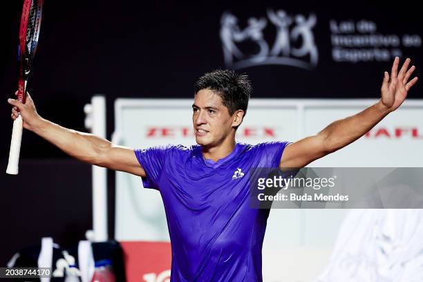 Sebastián Báez of Argentina celebrates after winning the final match against of Argentina of ATP 500 Rio Open presented by Claro at Jockey Club...