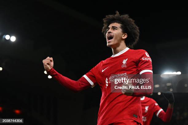 Liverpool's English striker Jayden Danns celebrates after scoring their third goal during the English FA Cup fifth round football match between...