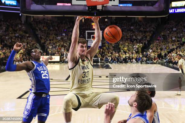 Matthew Marsh of the Wake Forest Demon Deacons dunks the ball during a basketball game against the Duke Blue Devils at Lawrence Joel Veterans...