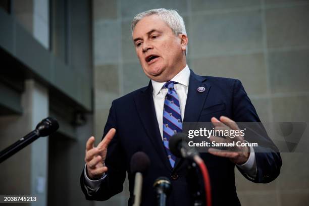 Committee Chairman James Comer speaks to reporters following the closed-door deposition of Hunter Biden, son of U.S. President Joe Biden, in front of...