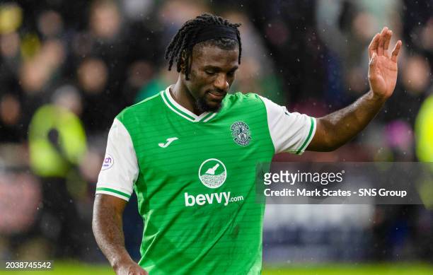 Hibernian's Rocky Bushiri at full time during a cinch Premiership match between Heart of Midlothian and Hibernian at Tynecastle Park, on February 28...