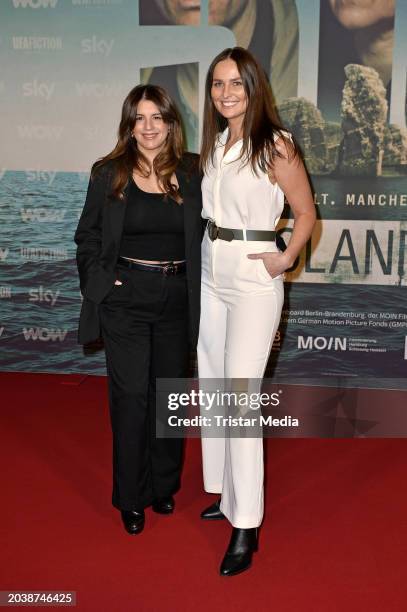 Denise Ghard and Jana Riva attend the "Helgoland 513" premiere at Kino in der Kulturbrauerei on February 29, 2024 in Berlin, Germany.